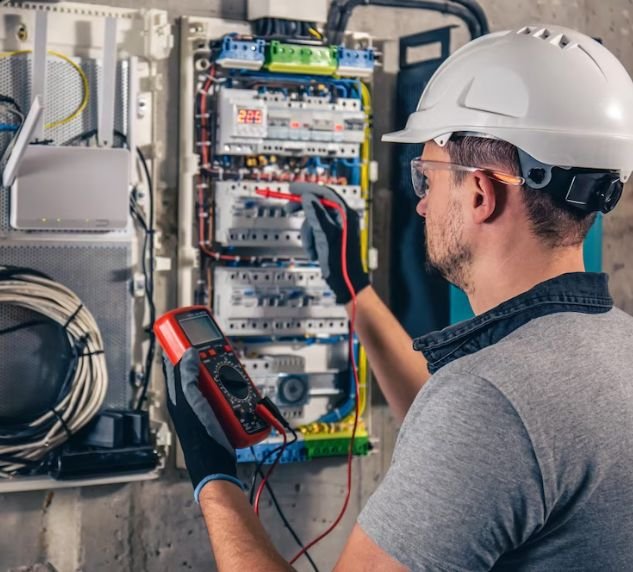 electrical technician working in a switchboard with fuses