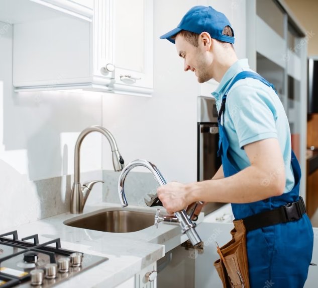 plumber in uniform changes faucet in the kitchen